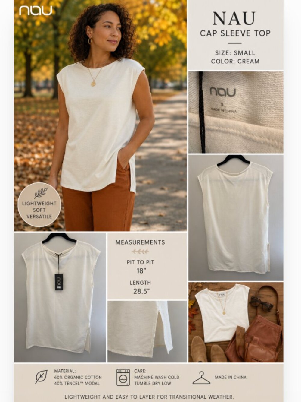 NWT Nau Cream Organic French Terry Tunic Tank Top S Side Slits